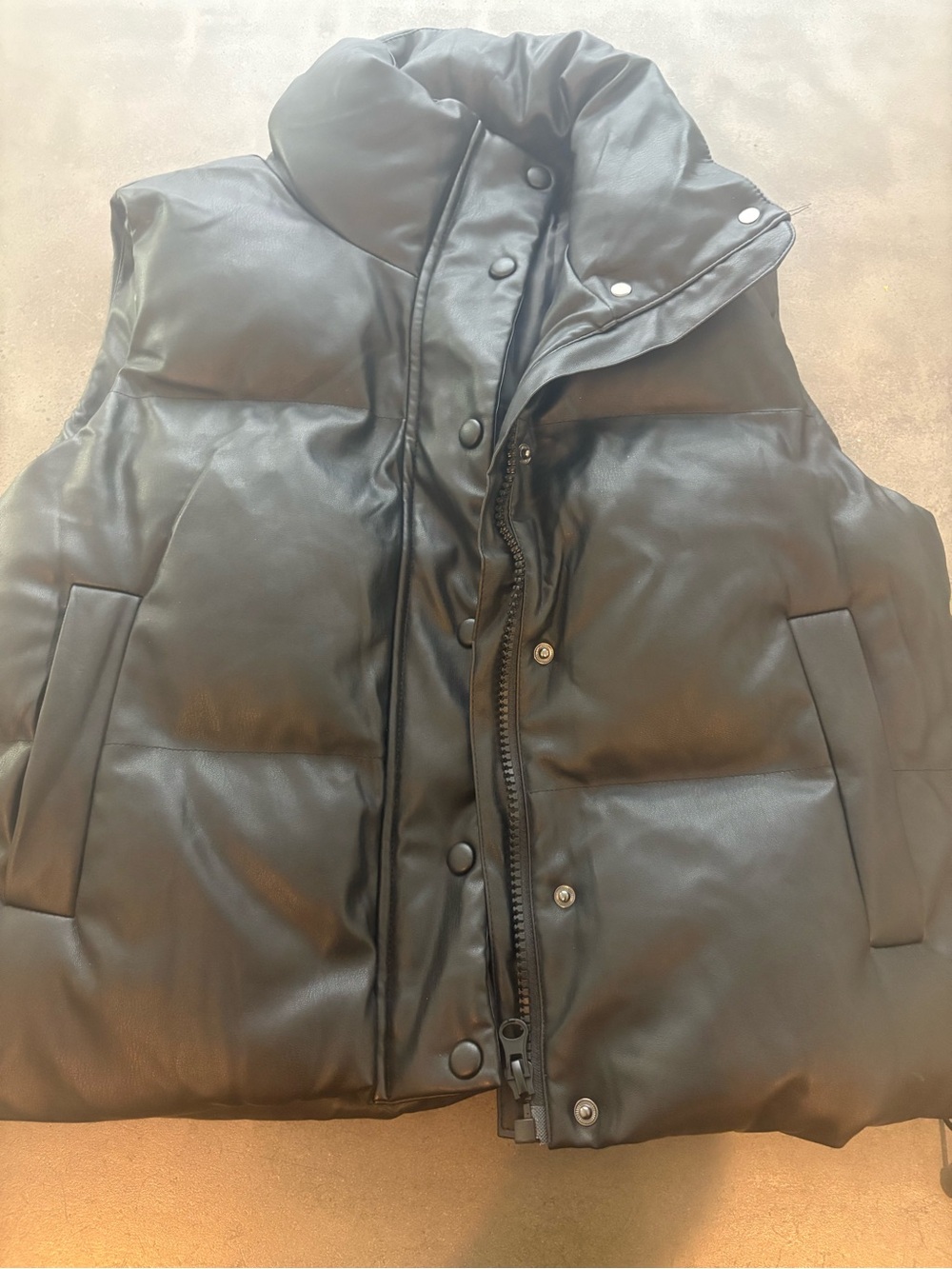 Women’s Black Puffer Vest Jacket in black faux leather